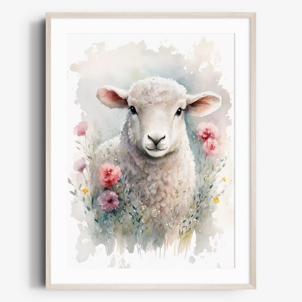 Watercolor Cute Floral Sheep Lamb Wall Art Illustration Print Poster Unframed